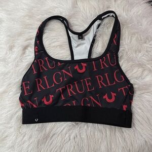 True Religion Black Sports Bra with Red Logo Print
